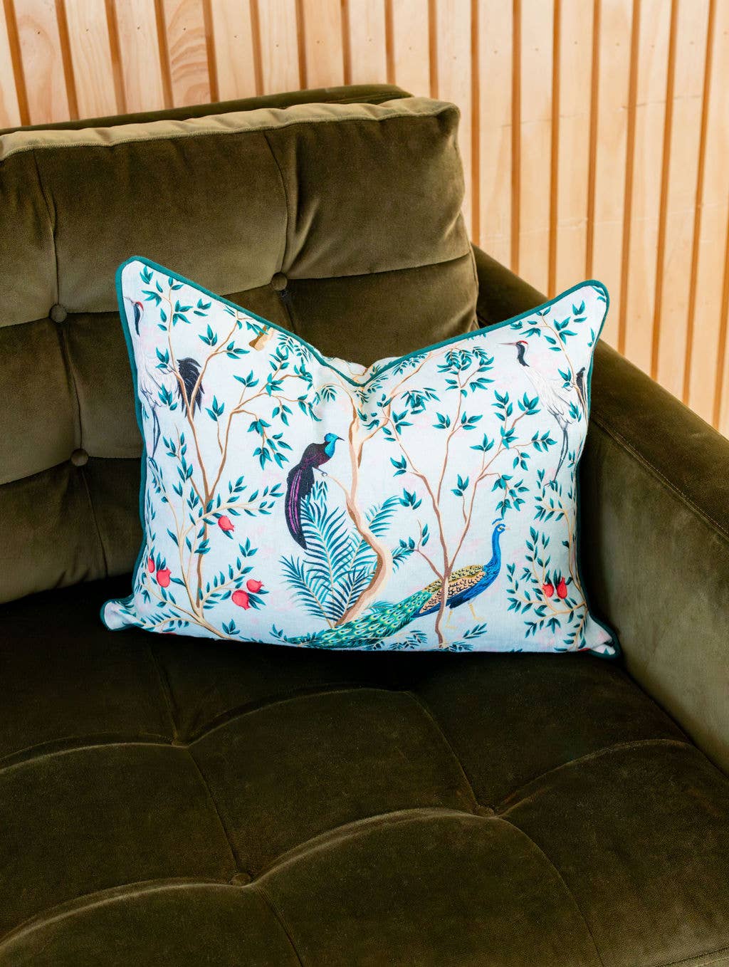 Peacock Paradise Linen Lumbar Pillow Cover