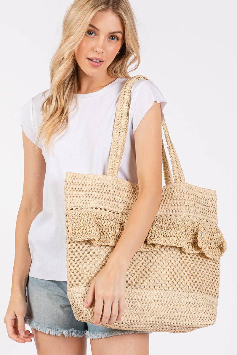 Sunny Getaway Beige Ruffle Crochet Straw Tote Bag