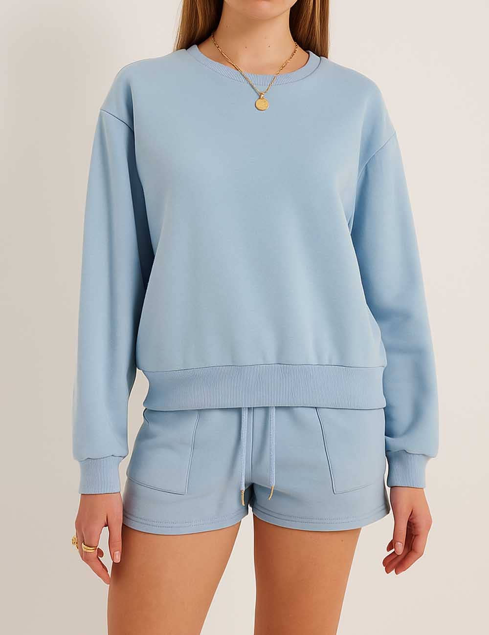 Ladies Solid Color Long Sleeves Sweatshirt & Shorts Set