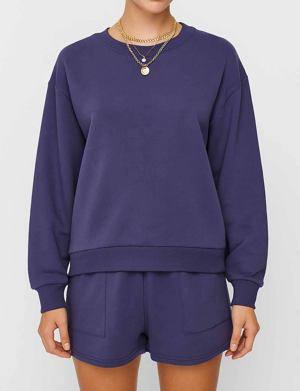 Ladies Solid Color Long Sleeves Sweatshirt & Shorts Set