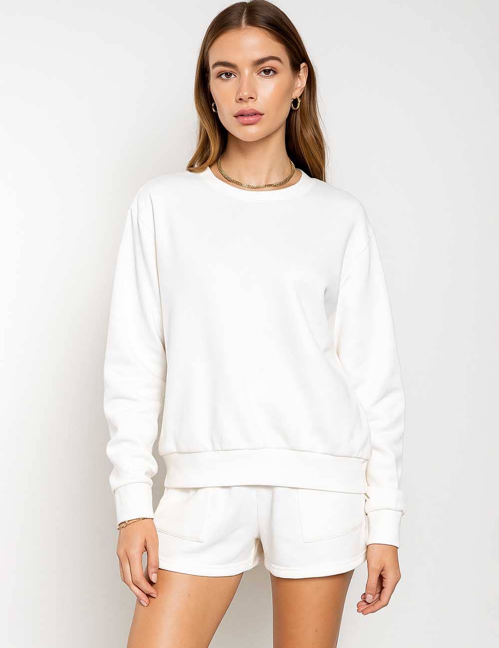 Ladies Solid Color Long Sleeves Sweatshirt & Shorts Set