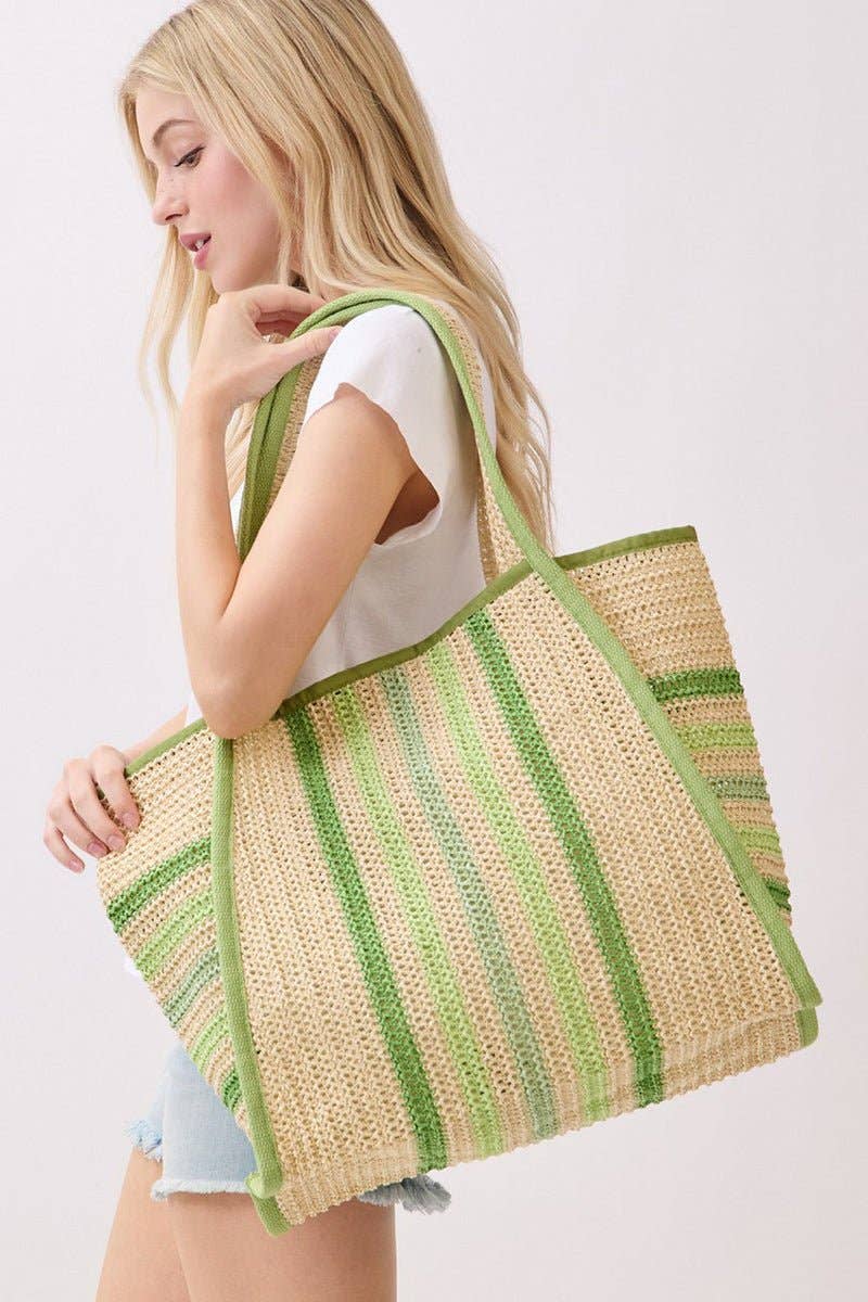 Laguna Stripe Green Straw Shoulder Tote