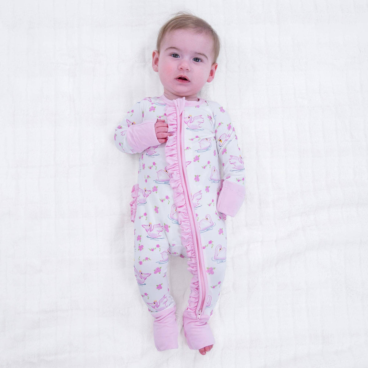 Bamboo Baby Convertible Ruffle Zipper Pajama Swan Soiree