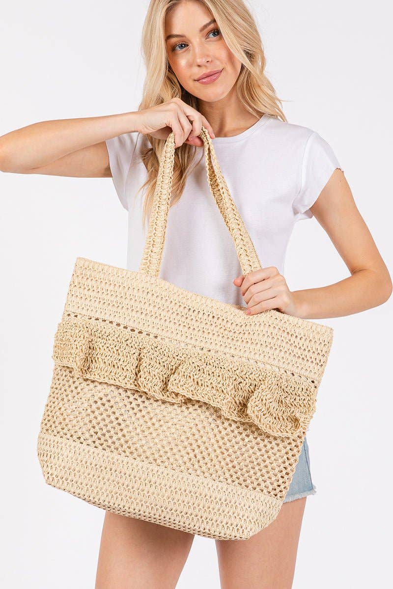 Sunny Getaway Beige Ruffle Crochet Straw Tote Bag