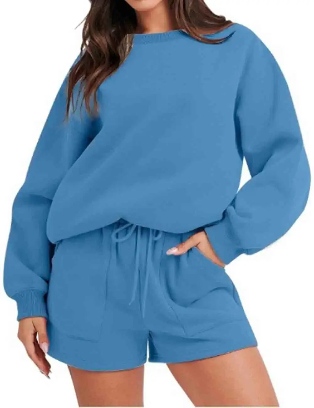 Ladies Solid Color Long Sleeves Sweatshirt & Shorts Set