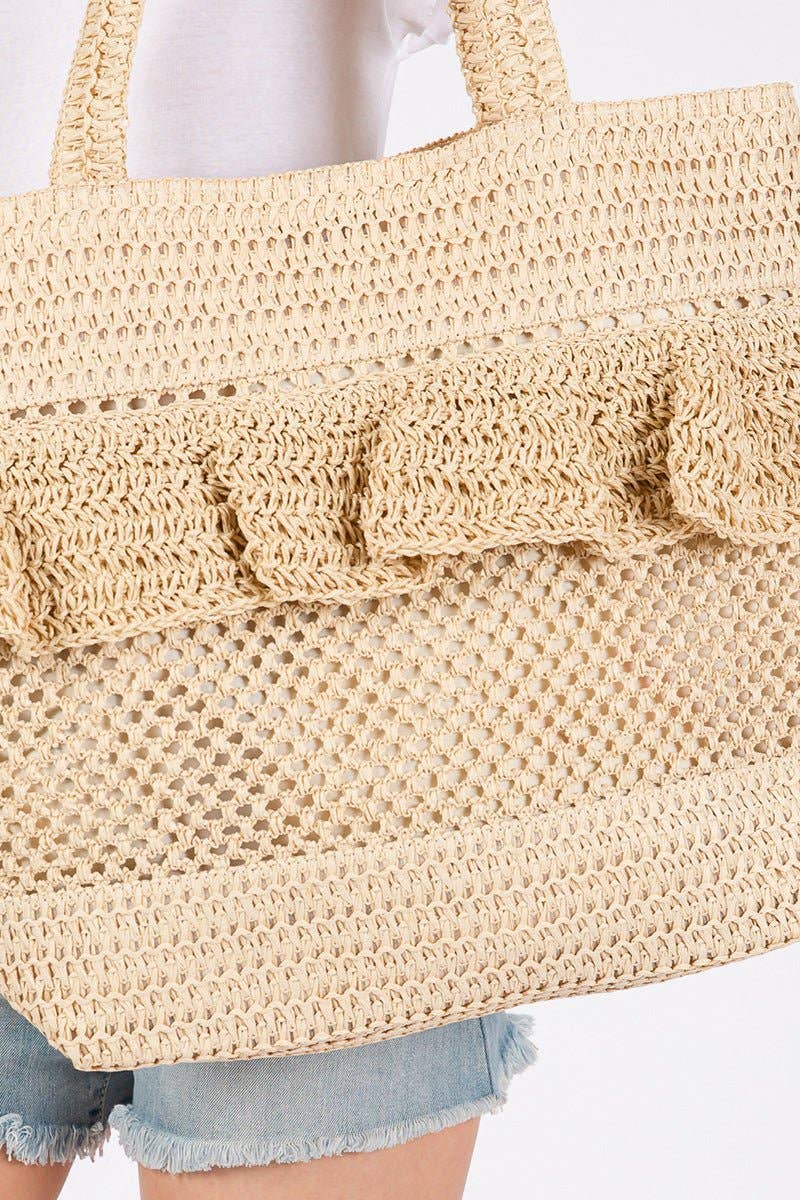 Sunny Getaway Beige Ruffle Crochet Straw Tote Bag