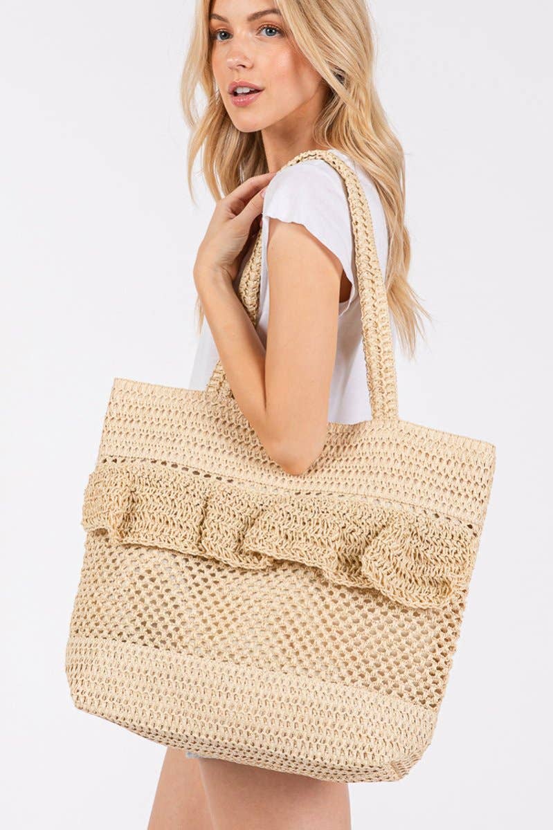 Sunny Getaway Beige Ruffle Crochet Straw Tote Bag