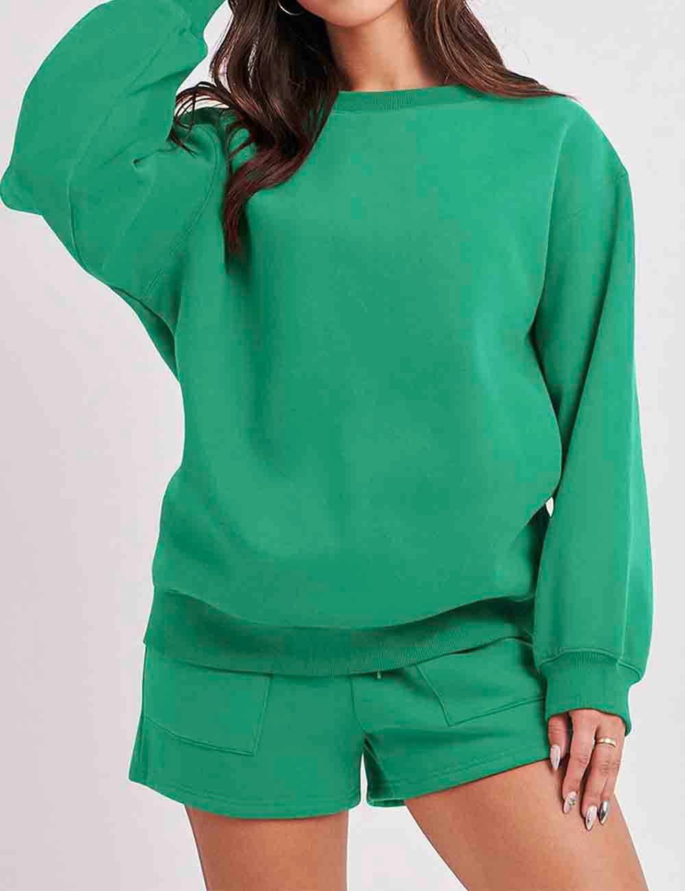 Ladies Solid Color Long Sleeves Sweatshirt & Shorts Set