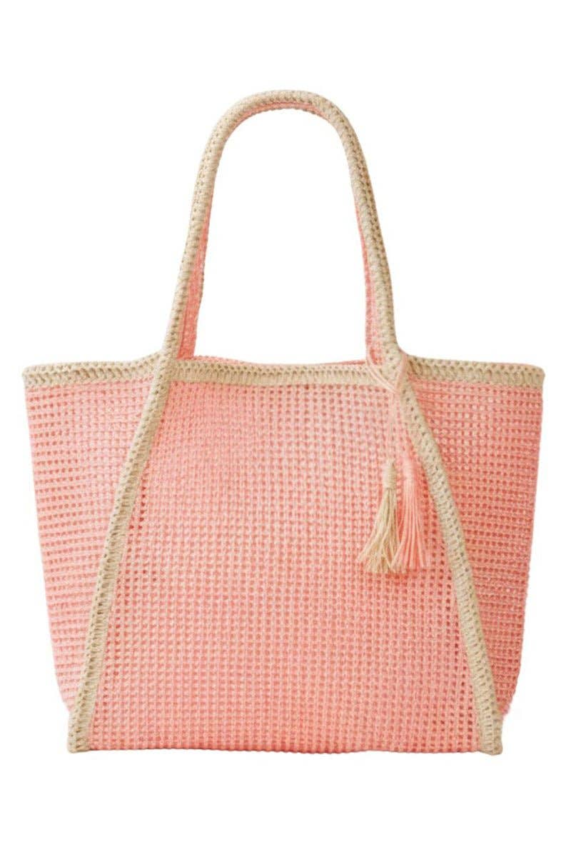 Island Escape Pink Two-Tone Woven Straw Tassel Tote