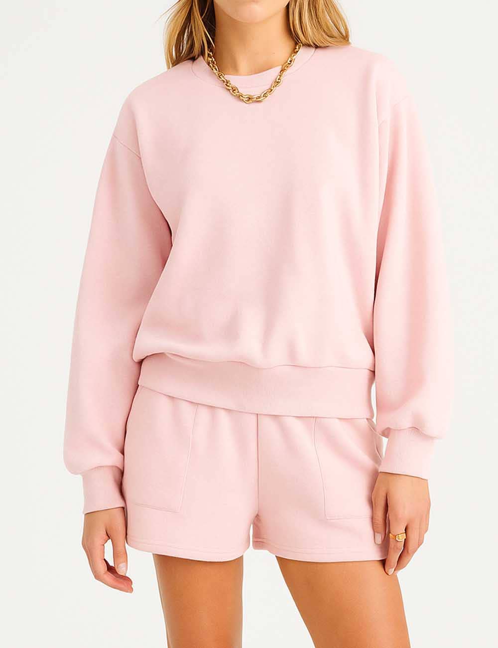 Ladies Solid Color Long Sleeves Sweatshirt & Shorts Set