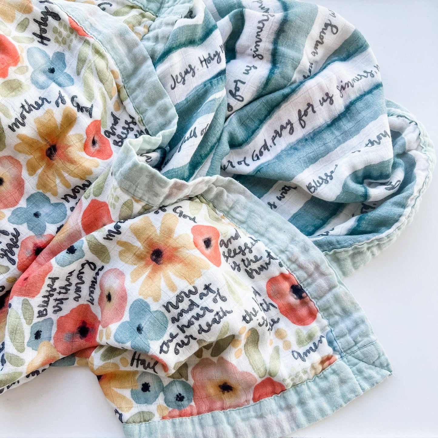 Catholic Luxury Double Sided Muslin Blanket - Watercolor Hail Mary