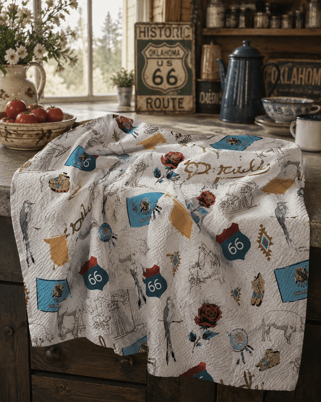 Oklahoma's Western Journey & Golden Flowers Kitchen Towel