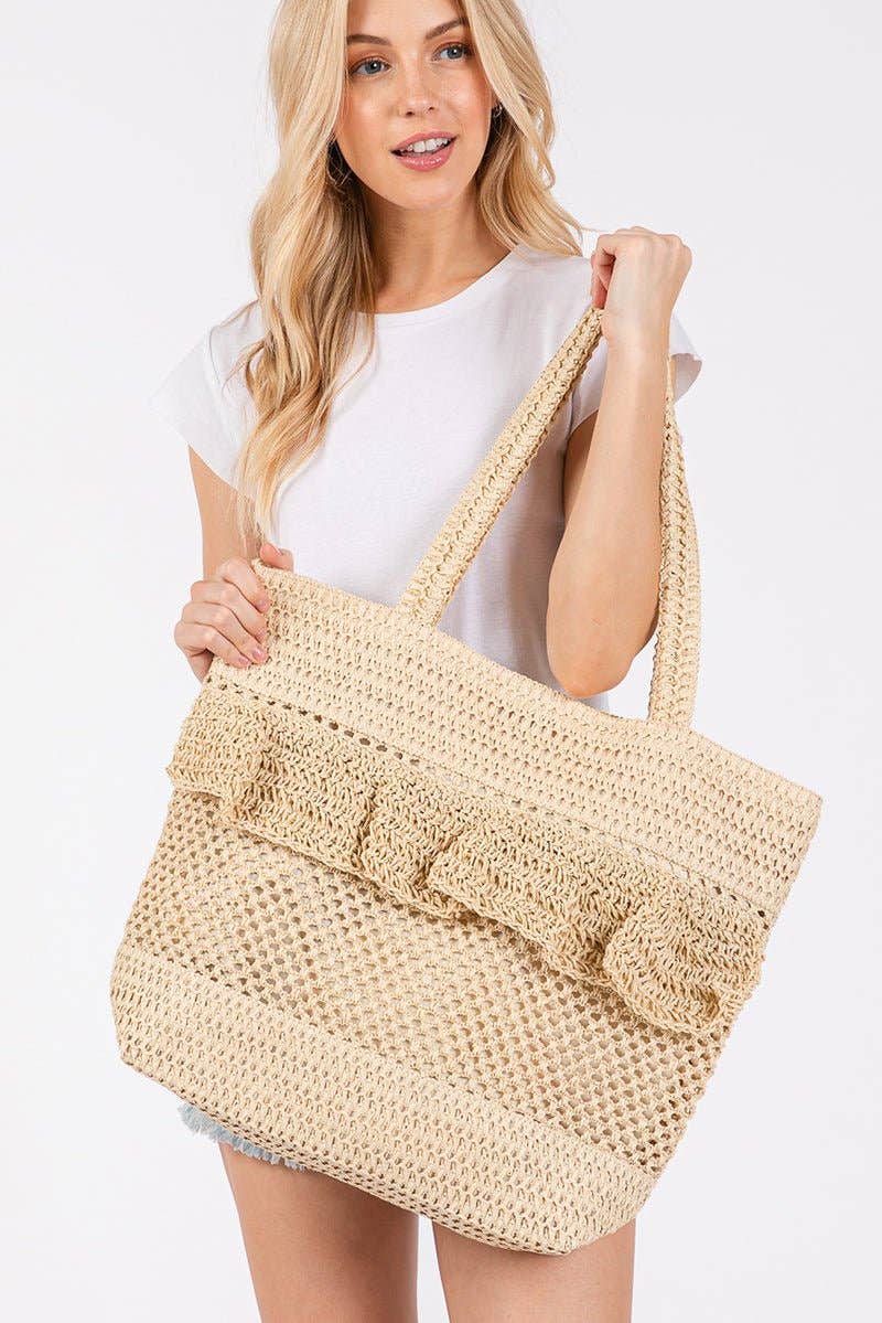 Sunny Getaway Beige Ruffle Crochet Straw Tote Bag