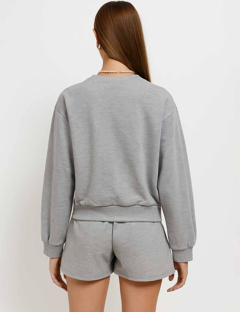 Ladies Solid Color Long Sleeves Sweatshirt & Shorts Set