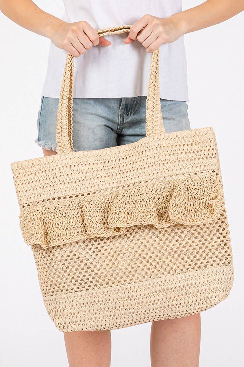 Sunny Getaway Beige Ruffle Crochet Straw Tote Bag