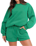 Ladies Solid Color Long Sleeves Sweatshirt & Shorts Set