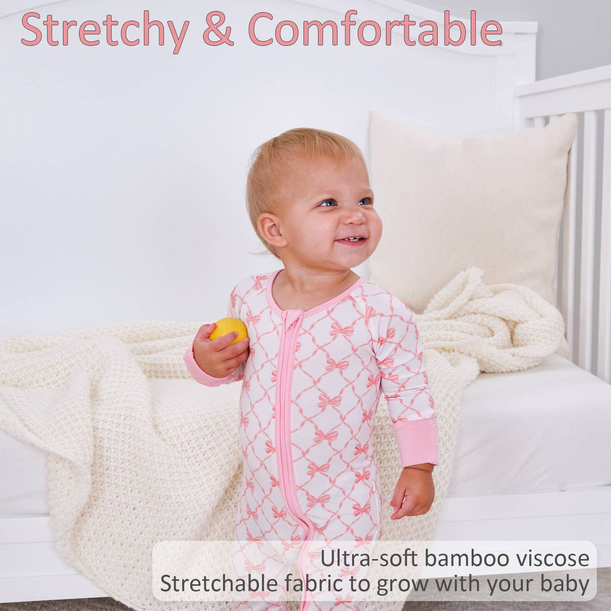 Beautiful Bows Baby Bamboo Pajamas, 2-Way Zipper Romper
