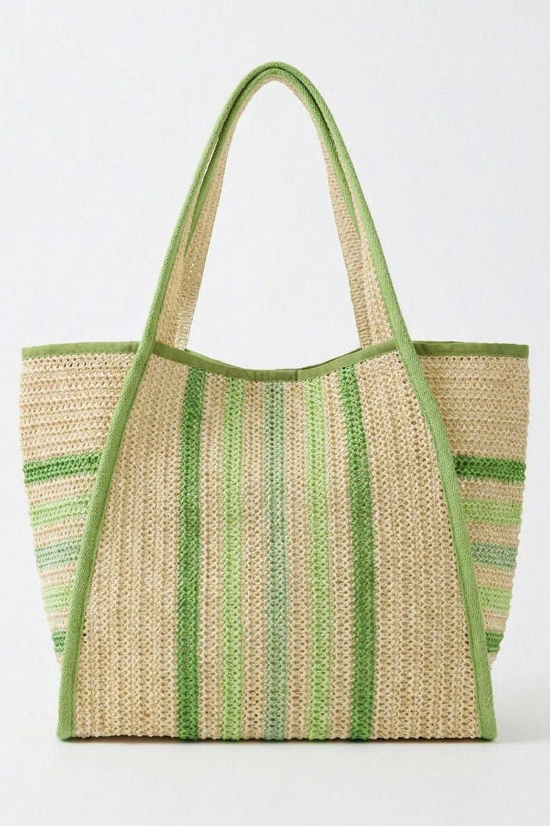 Laguna Stripe Green Straw Shoulder Tote
