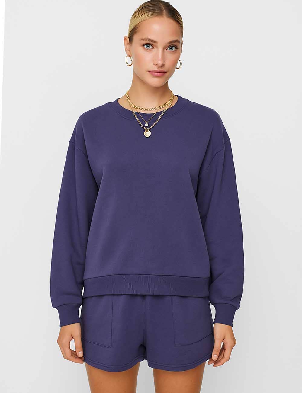 Ladies Solid Color Long Sleeves Sweatshirt & Shorts Set