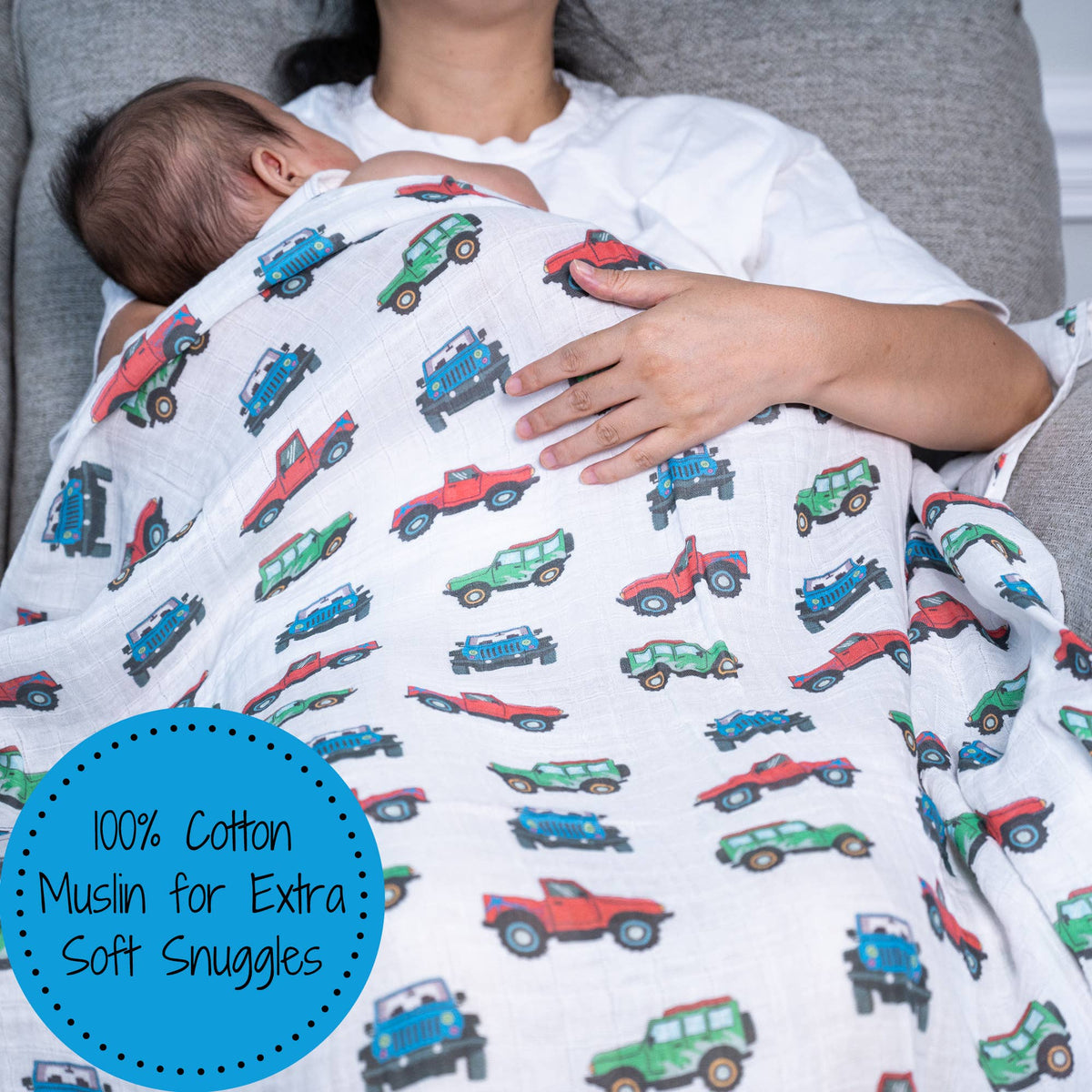 Baby Muslin Swaddle Blanket 47x47 Vroom Vroom Zoom