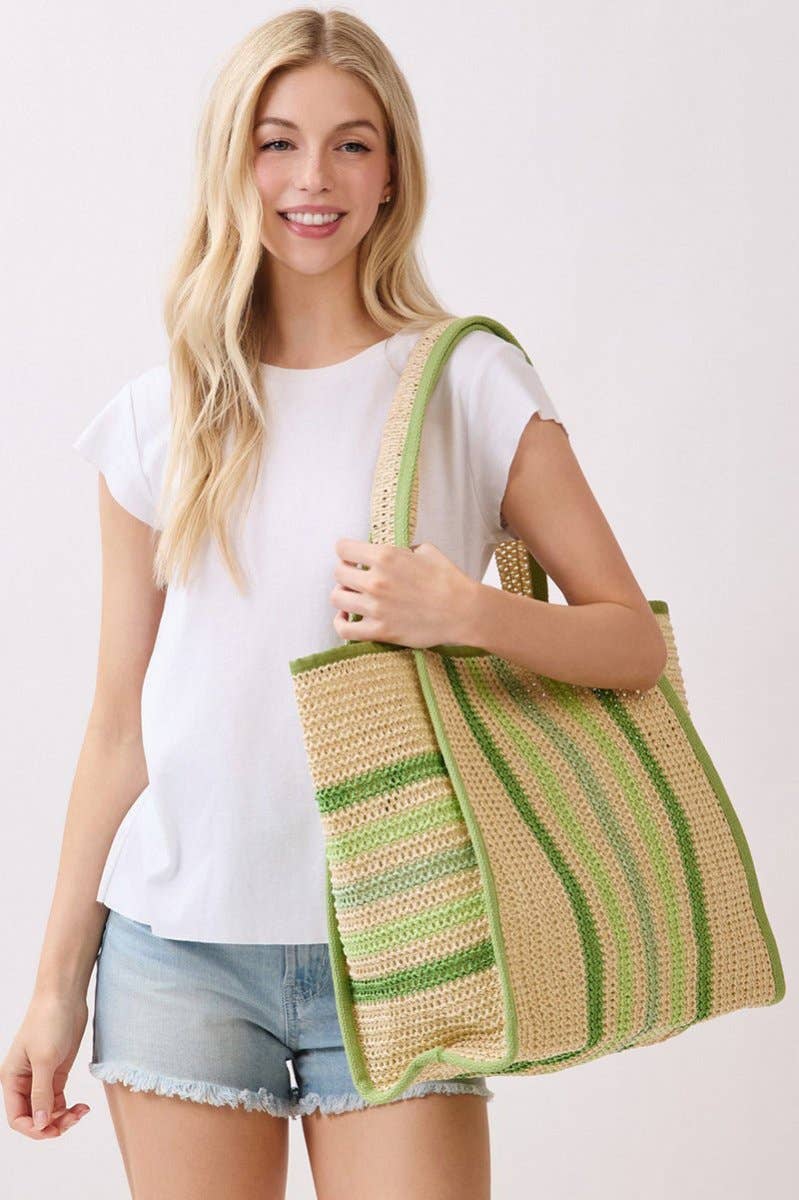 Laguna Stripe Green Straw Shoulder Tote