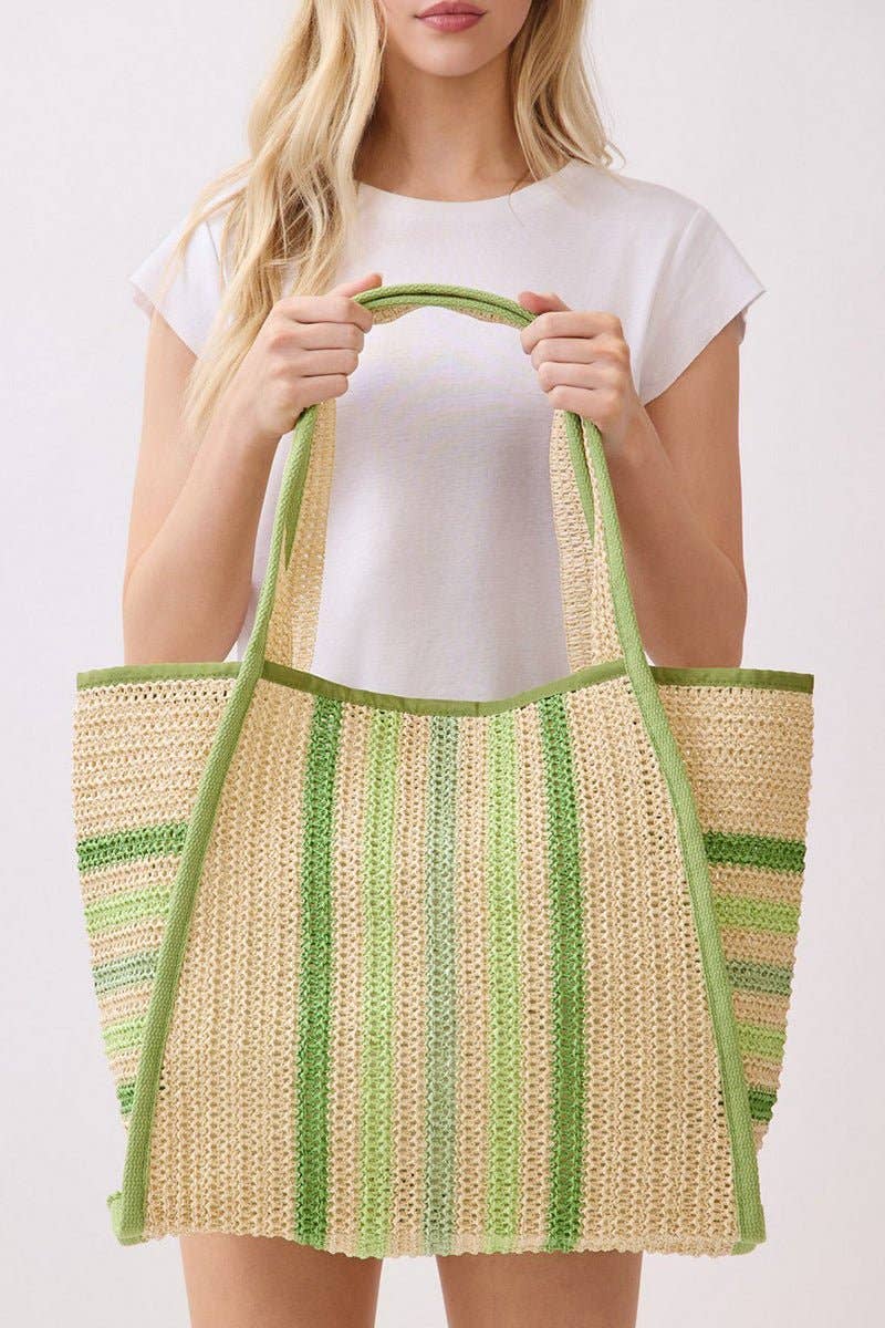 Laguna Stripe Green Straw Shoulder Tote