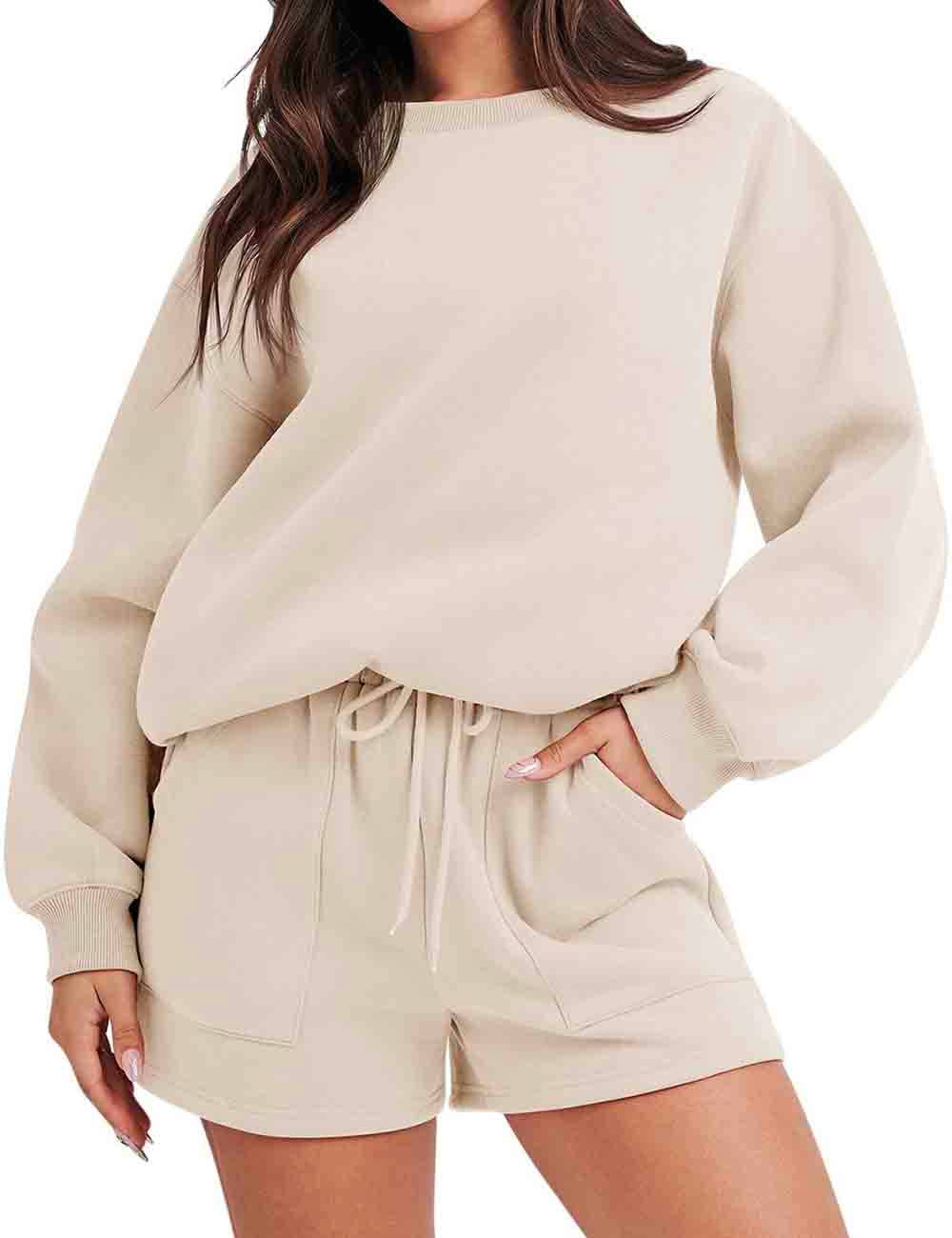 Ladies Solid Color Long Sleeves Sweatshirt & Shorts Set