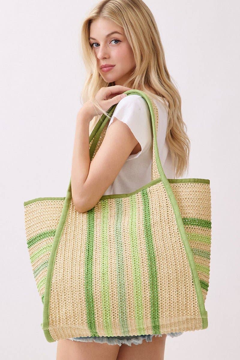Laguna Stripe Green Straw Shoulder Tote