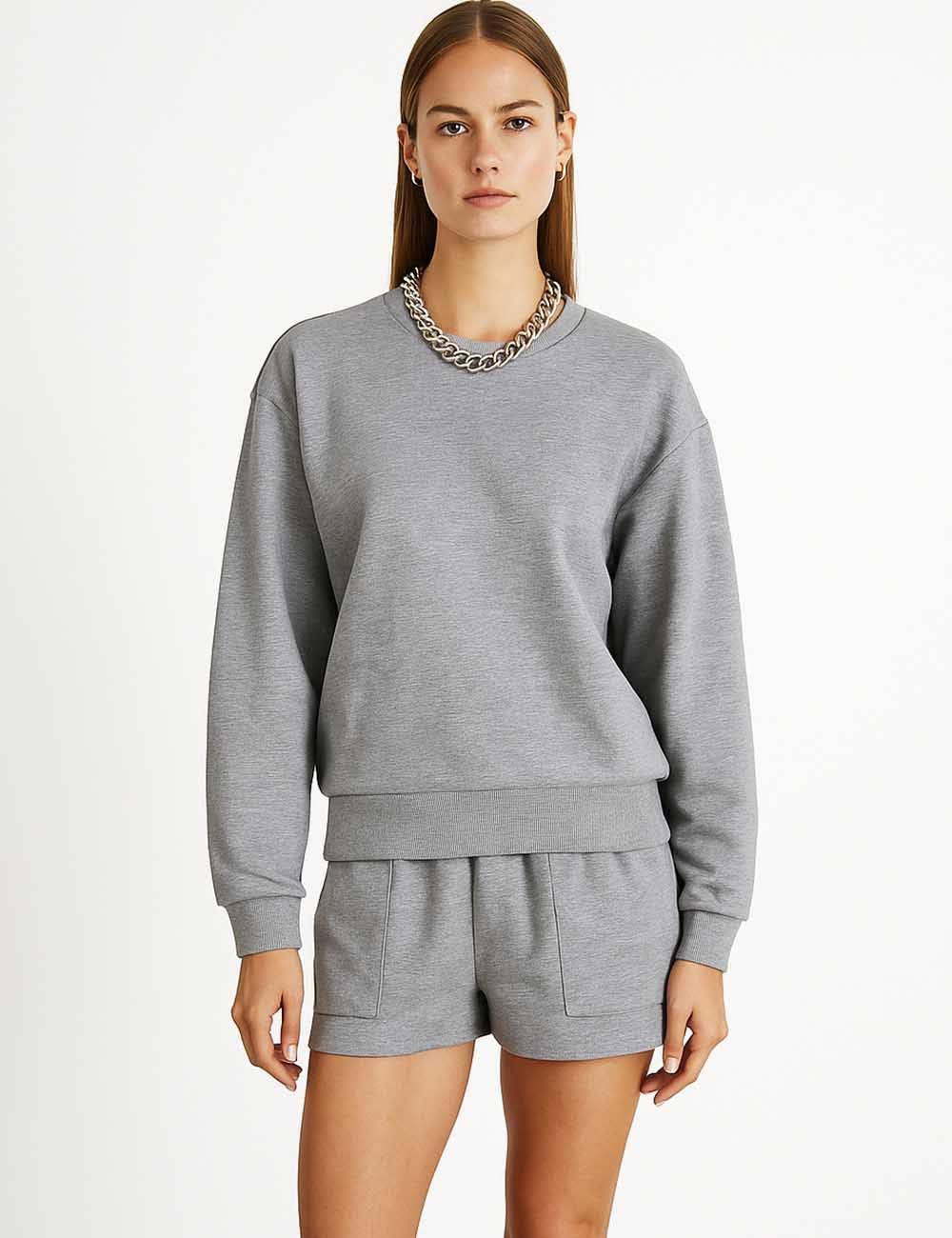 Ladies Solid Color Long Sleeves Sweatshirt & Shorts Set
