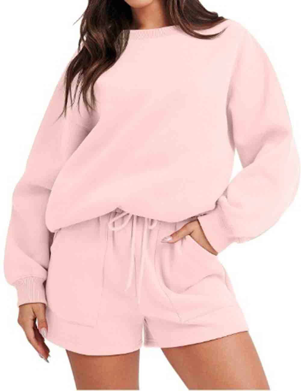 Ladies Solid Color Long Sleeves Sweatshirt & Shorts Set