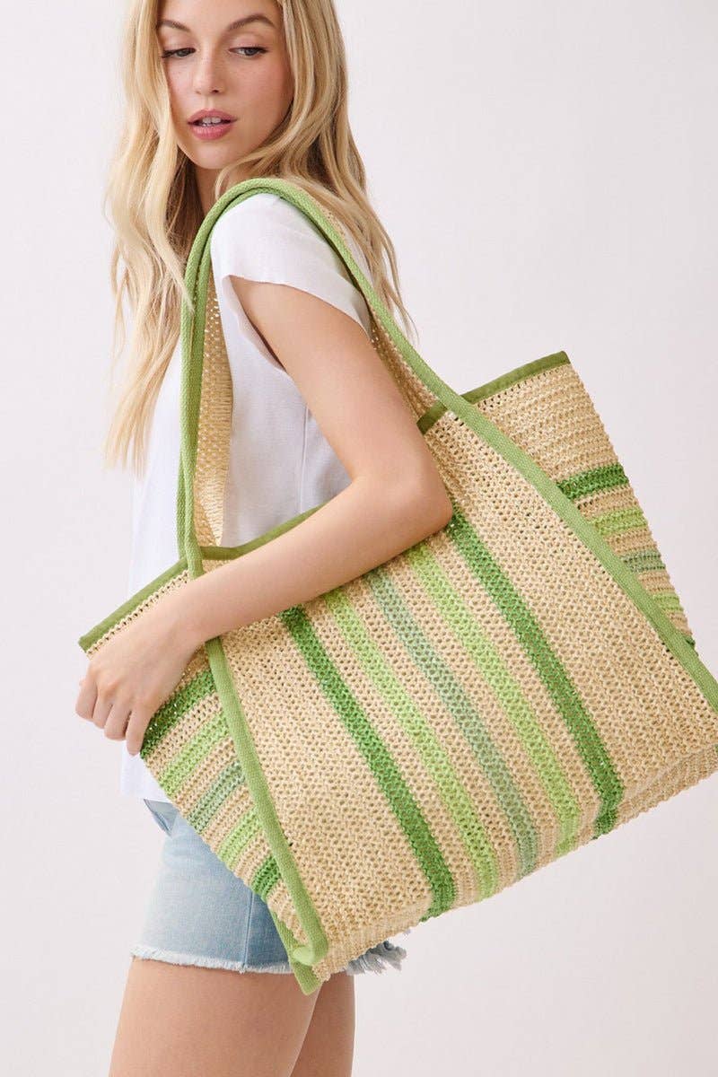 Laguna Stripe Green Straw Shoulder Tote