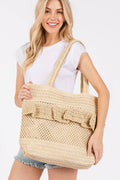 Sunny Getaway Beige Ruffle Crochet Straw Tote Bag