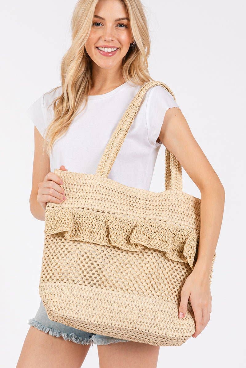 Sunny Getaway Beige Ruffle Crochet Straw Tote Bag