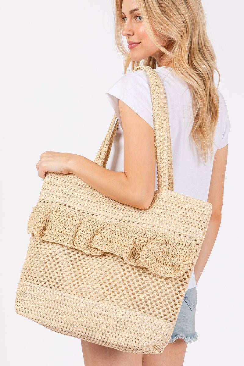 Sunny Getaway Beige Ruffle Crochet Straw Tote Bag