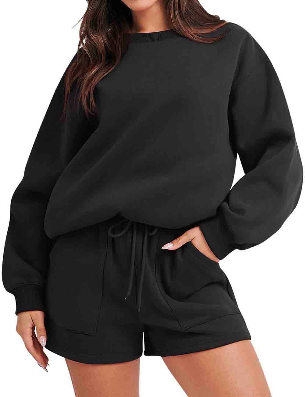 Ladies Solid Color Long Sleeves Sweatshirt & Shorts Set