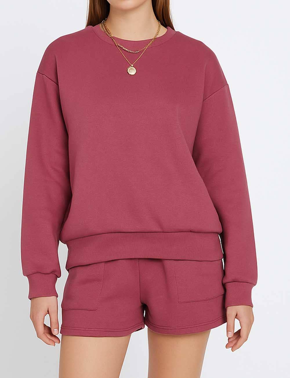 Ladies Solid Color Long Sleeves Sweatshirt & Shorts Set