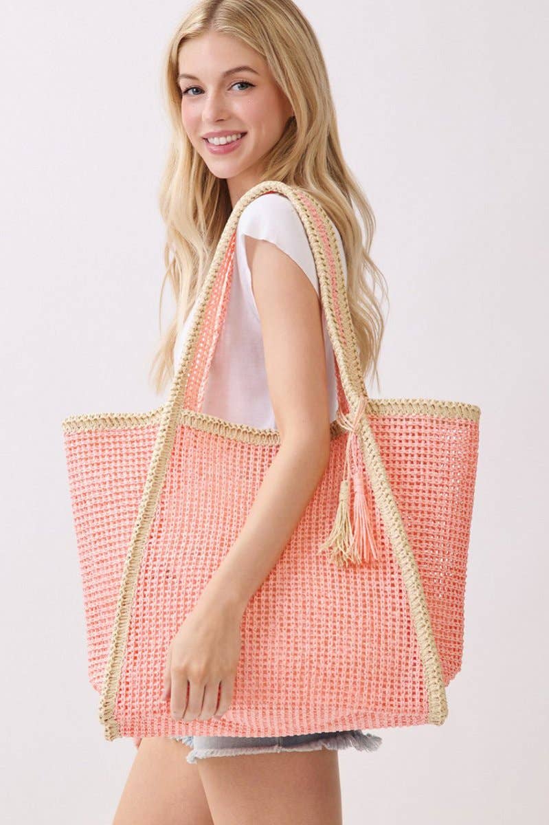 Island Escape Pink Two-Tone Woven Straw Tassel Tote