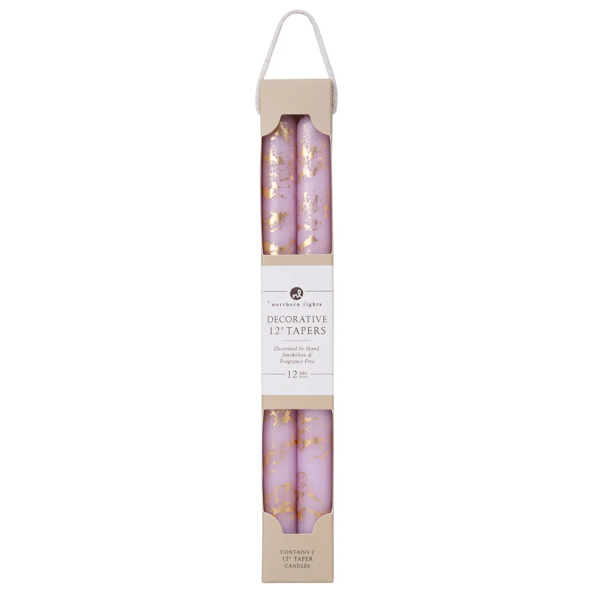 A set of tapered candles with a floral pattern, predominantly pink in color, packaged in a clear box with a white label.