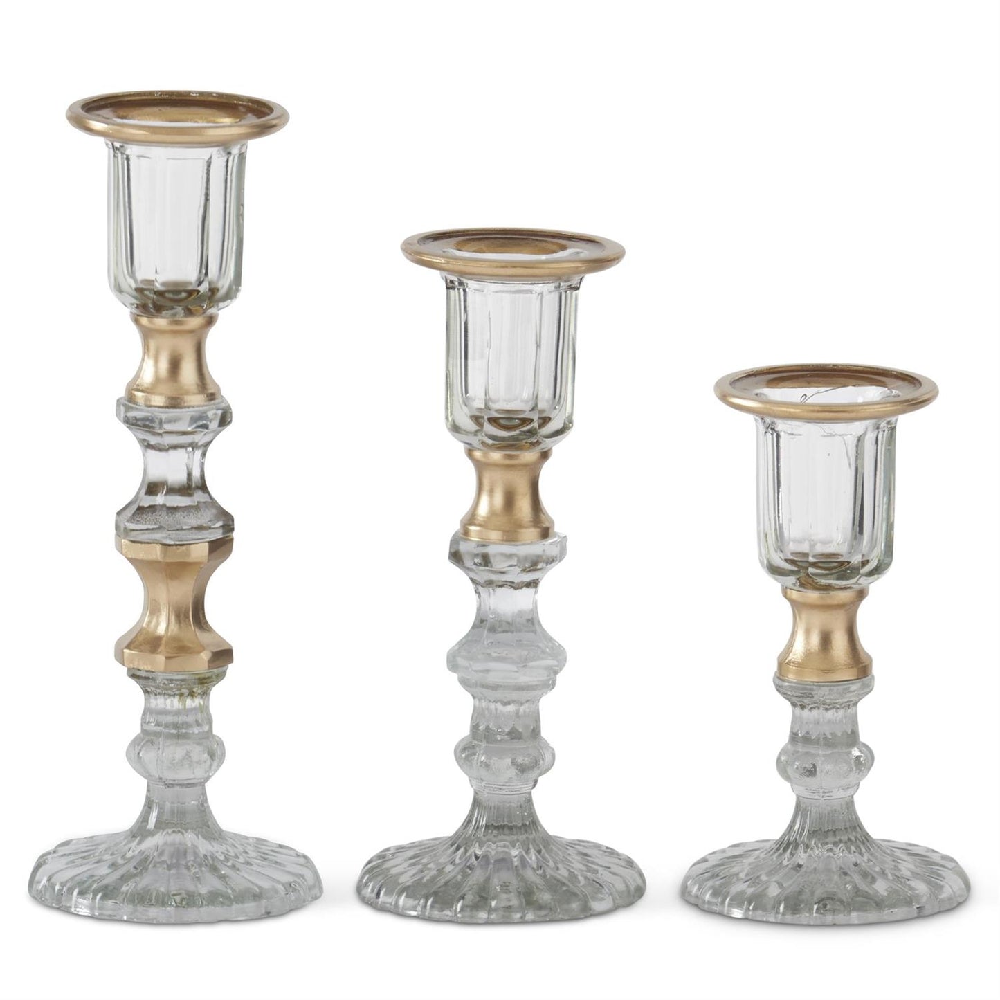 Set of 3 Gold Gilded Clear Pressed Glass Taper Candlesticks