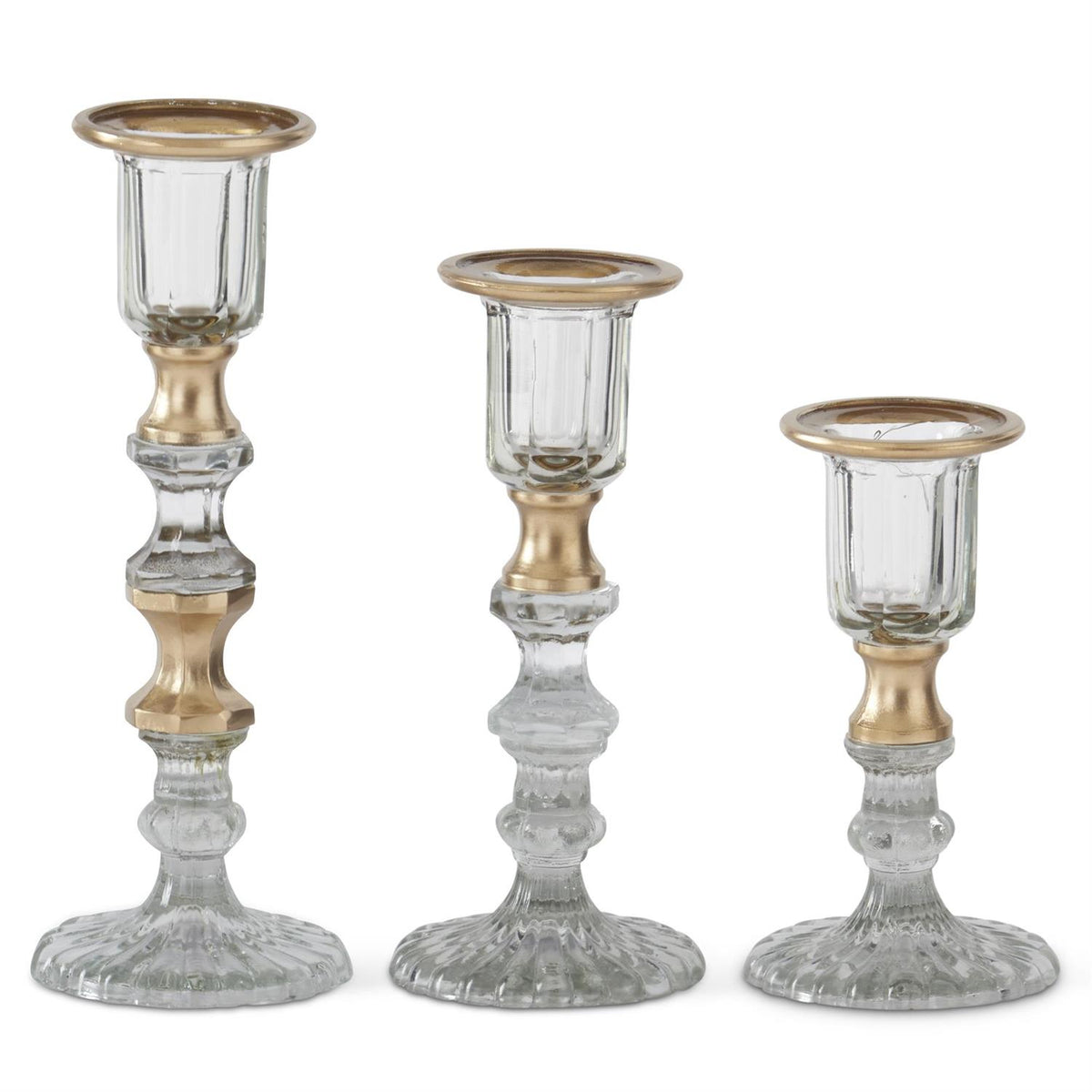 Set of 3 Gold Gilded Clear Pressed Glass Taper Candlesticks