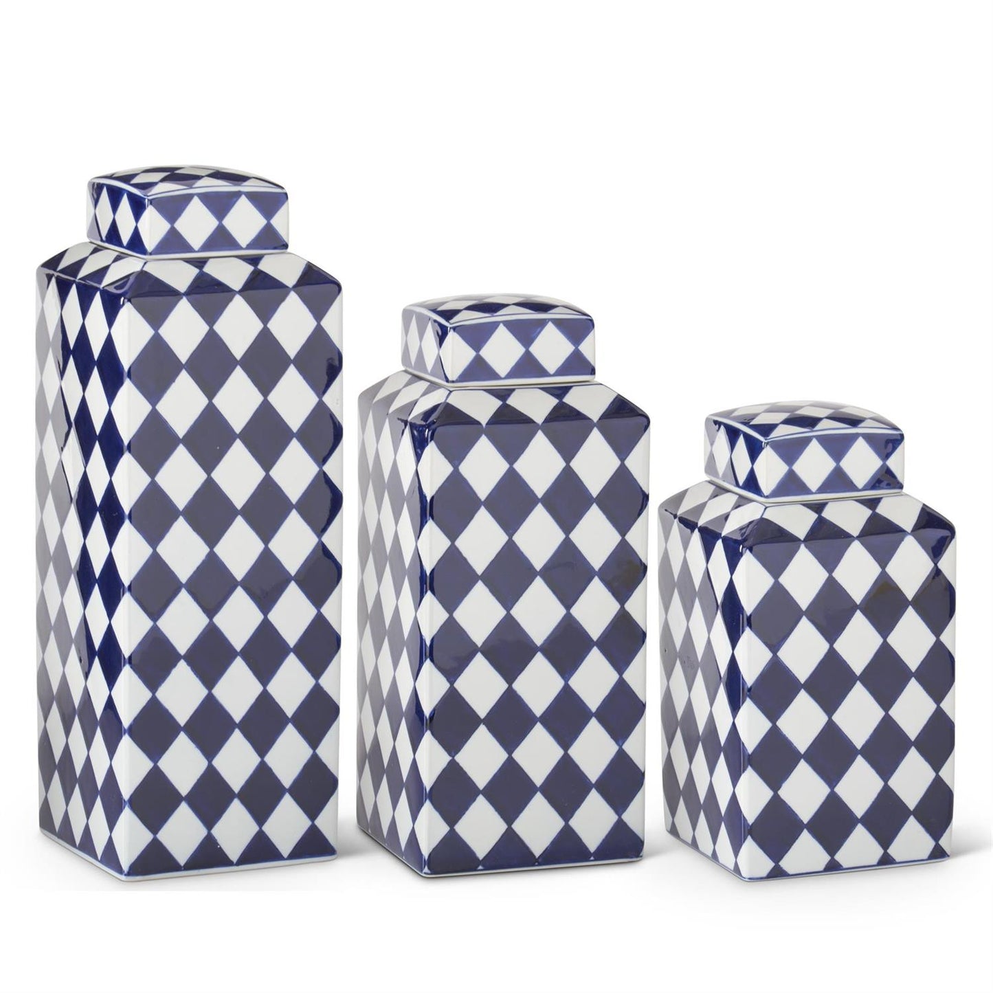 Set of 3 Square Blue & White Check Porcelain Containers w/Lids