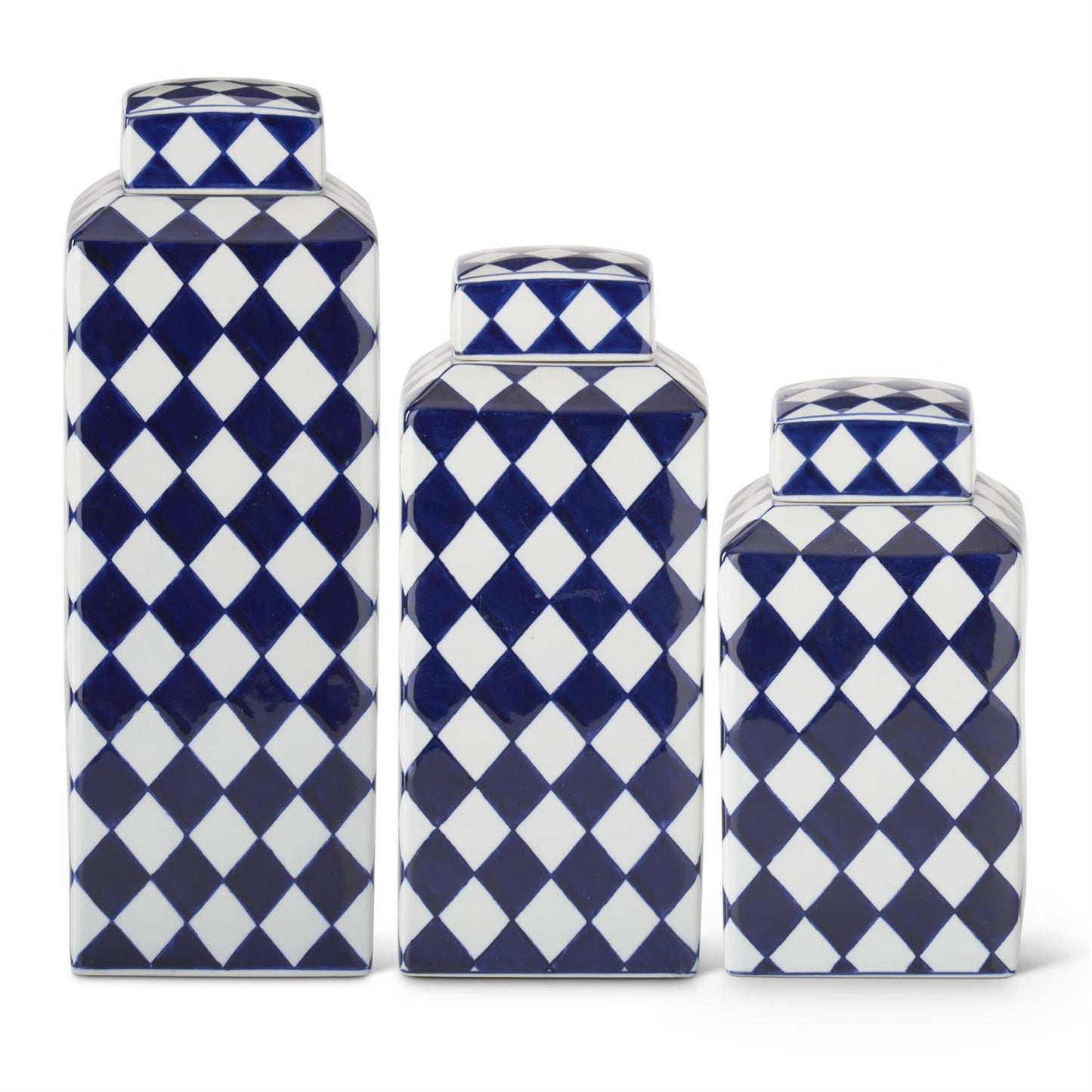 Set of 3 Square Blue & White Check Porcelain Containers w/Lids