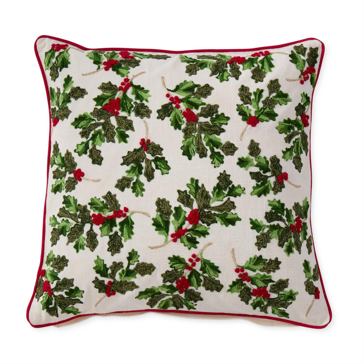 Cream Cotton Pillow w/Holly Leaves & Berries