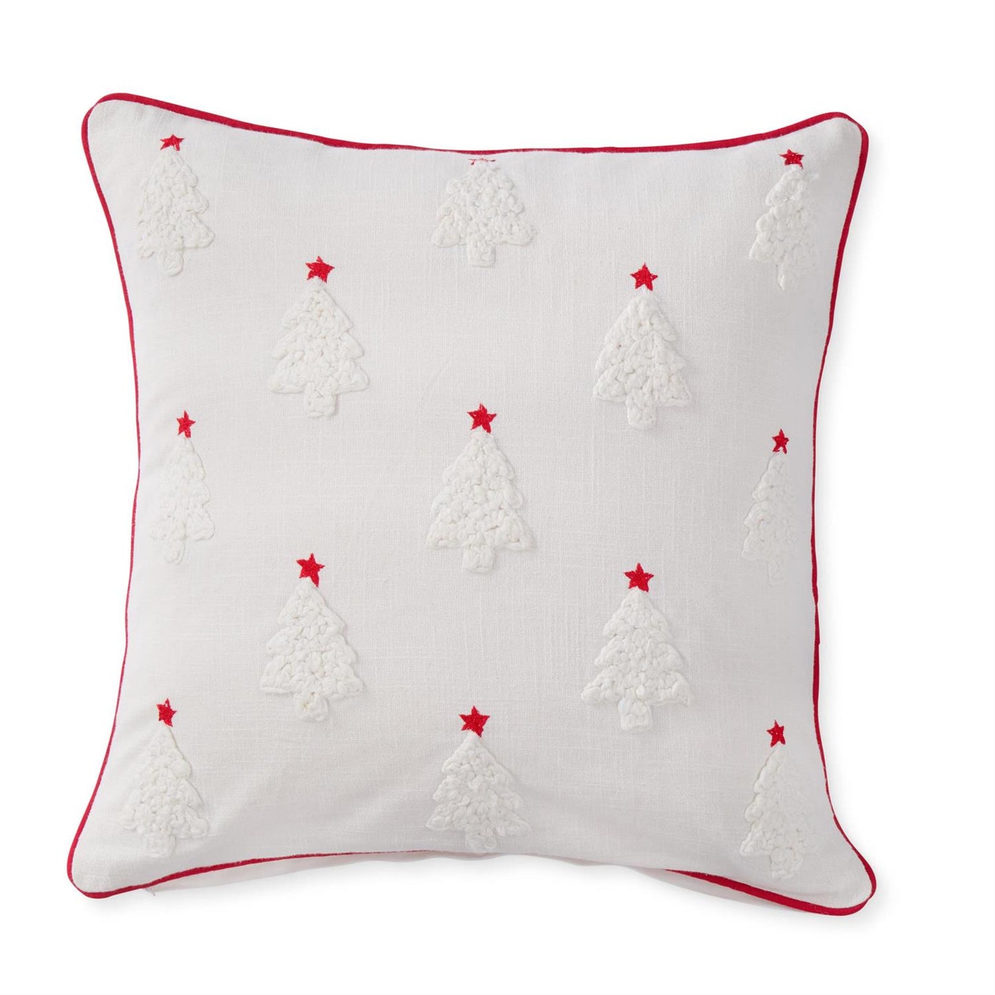 White Cotton Pillow w/Trees & Red Embroidered Stars
