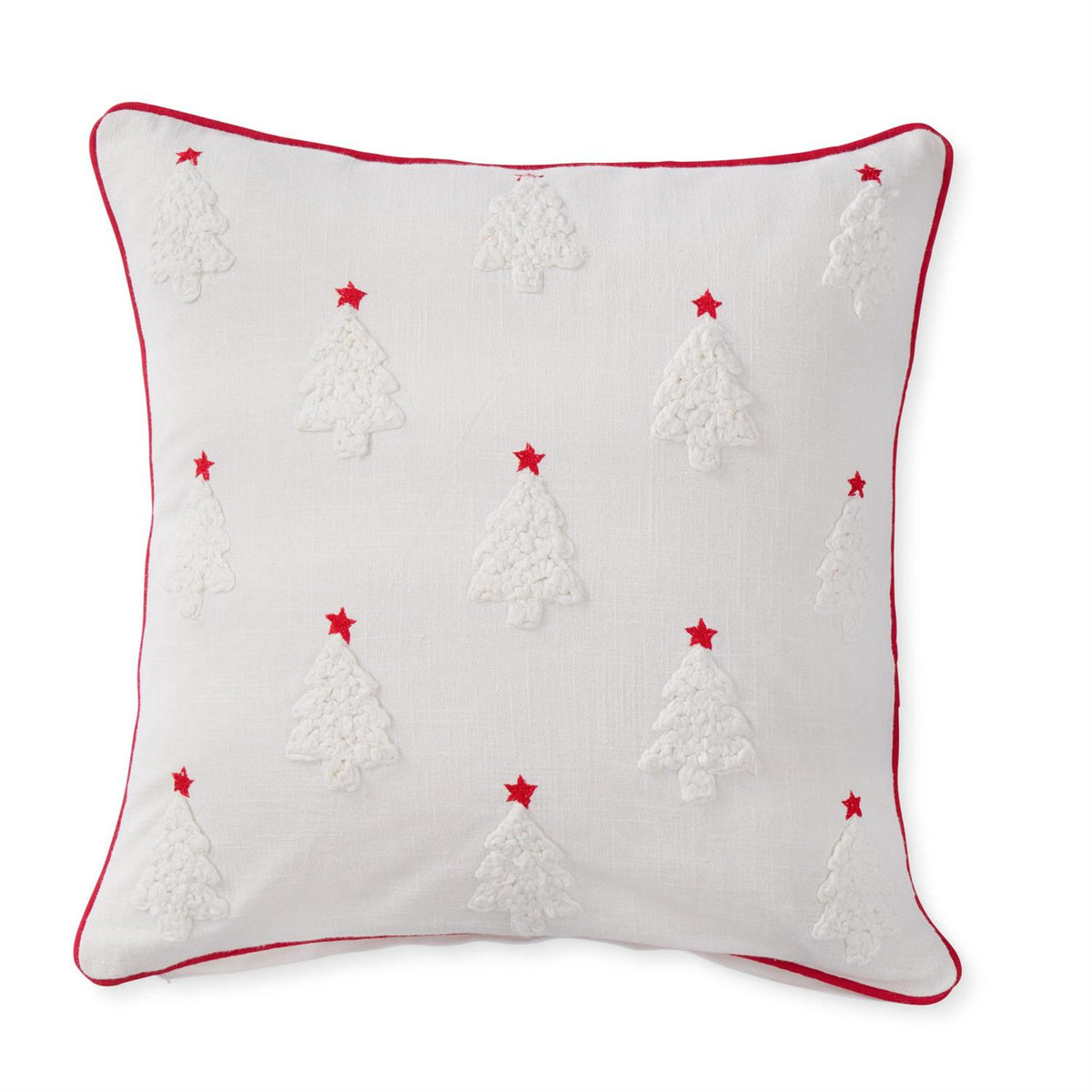 White Cotton Pillow w/Trees & Red Embroidered Stars