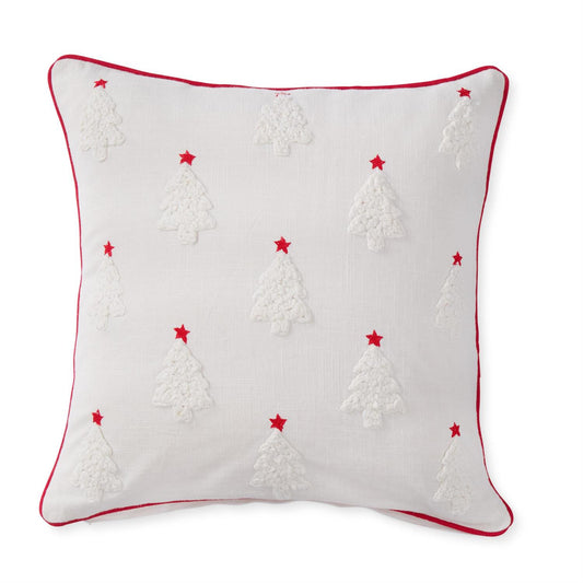 White Cotton Pillow w/Trees & Red Embroidered Stars