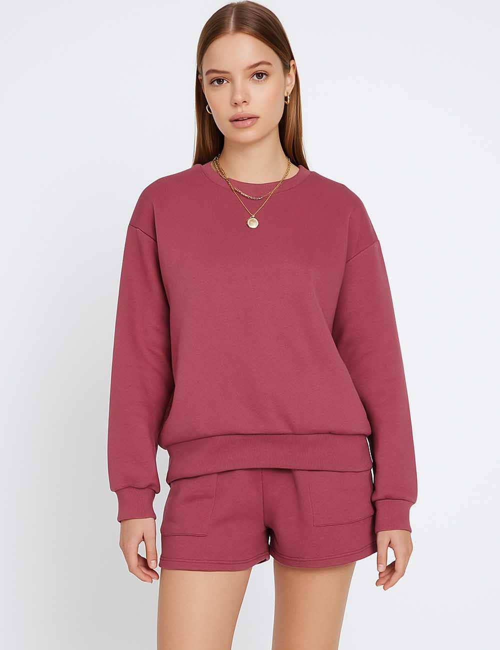 Ladies Solid Color Long Sleeves Sweatshirt & Shorts Set