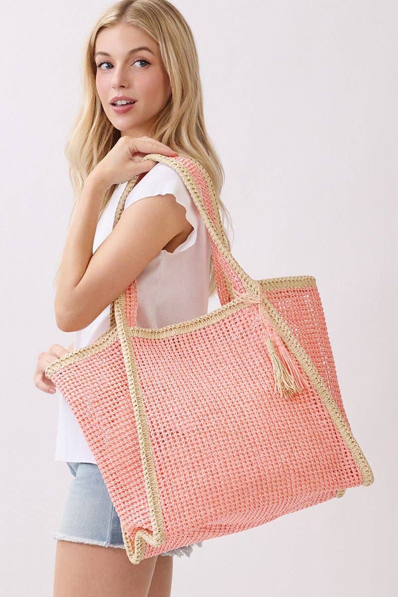 Island Escape Pink Two-Tone Woven Straw Tassel Tote