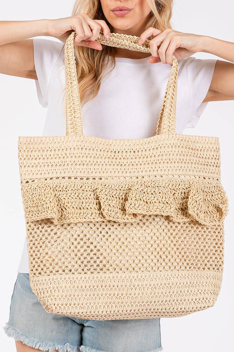 Sunny Getaway Beige Ruffle Crochet Straw Tote Bag
