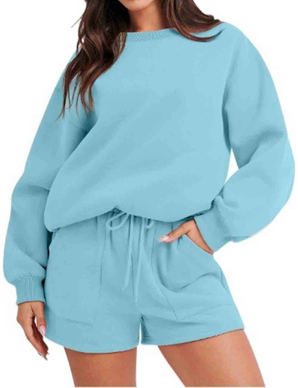 Ladies Solid Color Long Sleeves Sweatshirt & Shorts Set